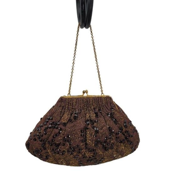 Vtg 50's Baguette Mini Framed Brown Gold Metallic Floral Embroidered Sequin - Picture 7 of 10